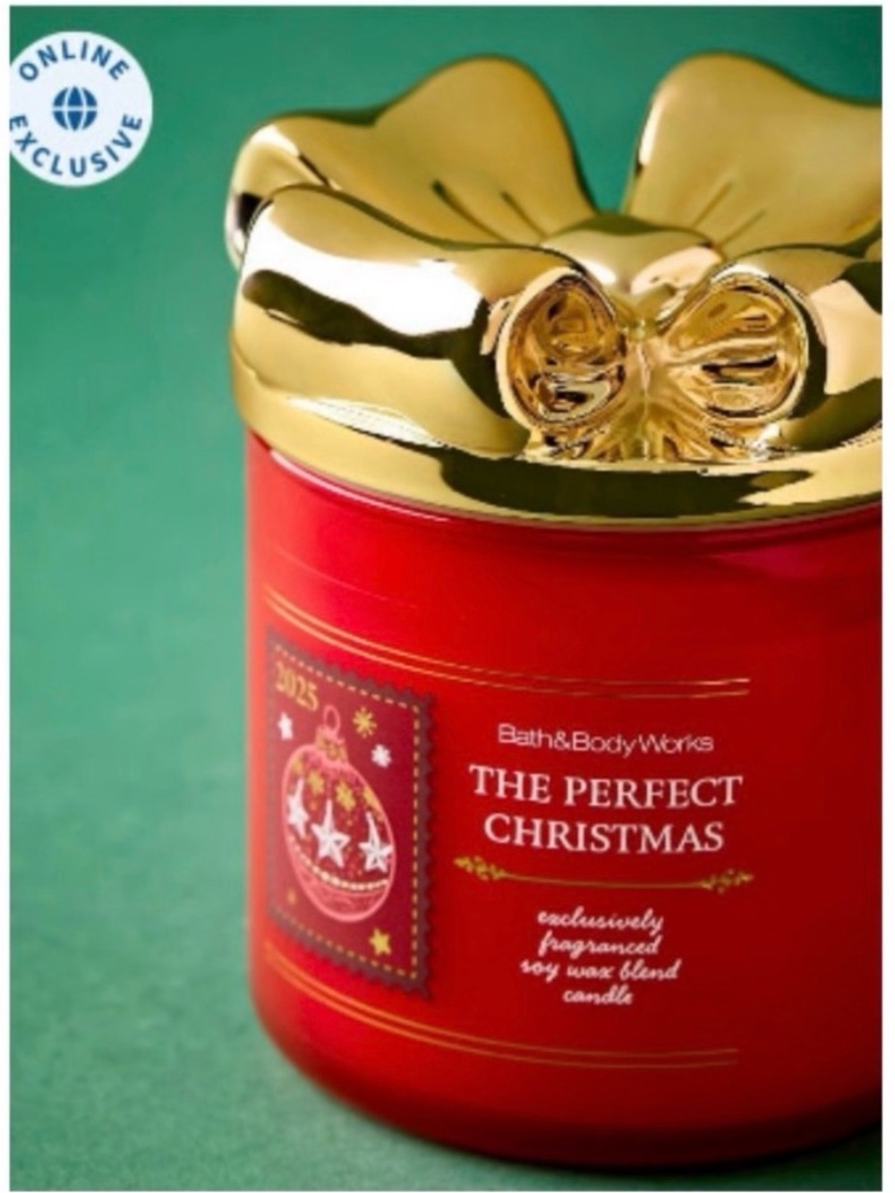 Bath & Body Works “The Perfect Christmas” 3-Wick Candle w 3D Gold Bow Lid | NIB